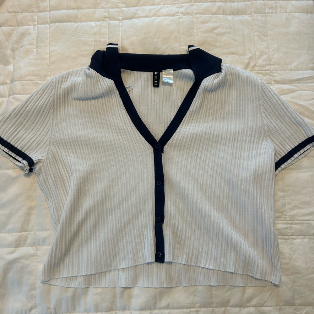 H&M White and Cream Cropped Ribbed Polo Top